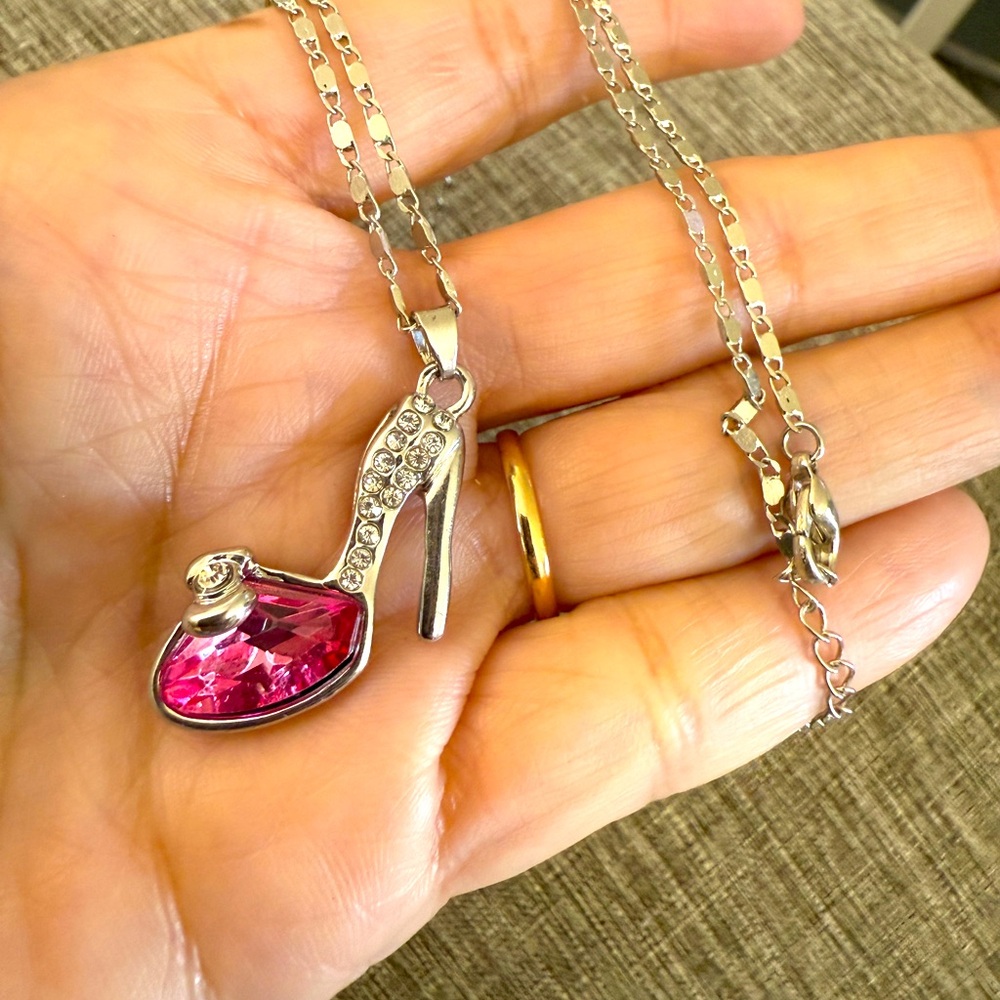 Silver High Heel Pendant Necklace w/Pink Crystal Stiletto Heel Charm, Mo…